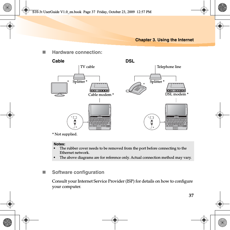 Chapter 3. Using the Internet37Hardware connection:Cable DSLSoftware configurationConsult your Internet Service Provider (ISP) for details on how to configure your computer.Notes:•The rubber cover needs to be removed from the port before connecting to the Ethernet network.•The above diagrams are for reference only. Actual connection method may vary.**S10-3t*S10-3t*TV cableSplitter *Cable modem ** Not supplied.Telephone lineSplitter *DSL modem *S10-3t UserGuide V1.0_en.book  Page 37  Friday, October 23, 2009  12:57 PM