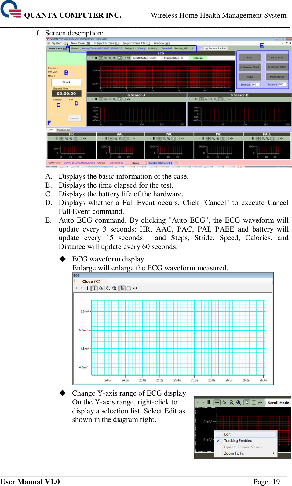  QUANTA COMPUTER INC. Wireless Home Health Management System ____________________________________________________________________________ ___________________________________________________________________________ User Manual V1.0  Page: 19 f. Screen description:  A. Displays the basic information of the case. B. Displays the time elapsed for the test. C. Displays the battery life of the hardware. D. Displays whether  a Fall Event occurs.  Click  &quot;Cancel&quot; to  execute  Cancel Fall Event command. E. Auto ECG command. By clicking &quot;Auto ECG&quot;, the ECG waveform will update  every  3  seconds;  HR,  AAC,  PAC,  PAI,  PAEE  and  battery  will update  every  15  seconds;    and  Steps,  Stride,  Speed,  Calories,  and Distance will update every 60 seconds.  ECG waveform display Enlarge will enlarge the ECG waveform measured.   Change Y-axis range of ECG display On the Y-axis range, right-click to display a selection list. Select Edit as shown in the diagram right.     