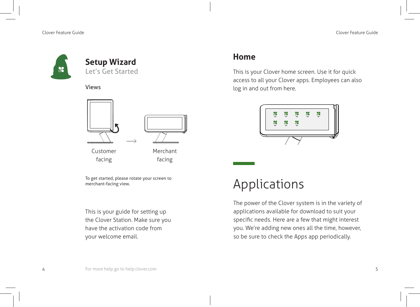 Clover Feature Guide4This is your guide for setting up the Clover Station. Make sure you have the activation code from your welcome email.To get started, please rotate your screen to merchant-facing view.Customer facingViewsMerchant facingSetup Wizard Let’s Get StartedFor more help go to help.clover.comClover Feature Guide5ApplicationsThe power of the Clover system is in the variety of applications available for download to suit your speciﬁ c needs. Here are a few that might interest you. We’re adding new ones all the time, however, so be sure to check the Apps app periodically.HomeThis is your Clover home screen. Use it for quick access to all your Clover apps. Employees can also log in and out from here.