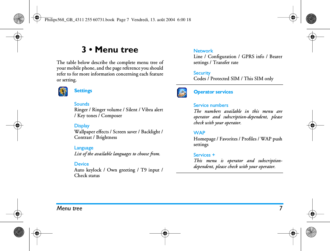 Menu tree 73 • Menu treeThe table below describe the complete menu tree ofyour mobile phone, and the page reference you shouldrefer to for more information concerning each featureor setting.SettingsSoundsRinger / Ringer volume / Silent / Vibra alert/ Key tones / ComposerDisplayWallpaper effects / Screen saver / Backlight /Contrast / BrightnessLanguageList of the available languages to choose from.DeviceAuto keylock / Own greeting / T9 input /Check statusNetworkLine / Configuration / GPRS info / Bearersettings / Transfer rateSecurityCodes / Protected SIM / This SIM onlyOperator servicesService numbersThe numbers available in this menu areoperator and subscription-dependent, pleasecheck with your operator.WAPHomepage / Favorites / Profiles / WAP pushsettings Services +This menu is operator and subscription-dependent, please check with your operator.Philips568_GB_4311 255 60731.book  Page 7  Vendredi, 13. août 2004  6:00 18