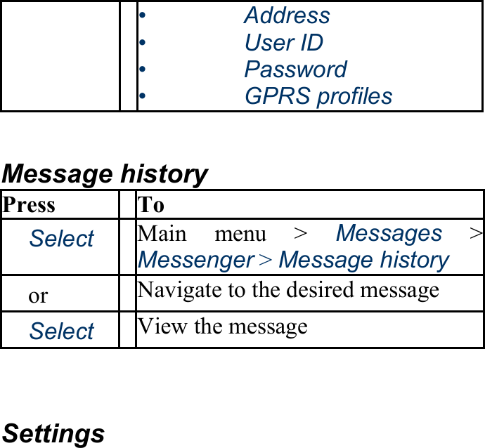 •   Address •   User ID •   Password •   GPRS profiles  Message history Press To 　Select Main menu &gt; Messages &gt; Messenger &gt; Message history 　or　 Navigate to the desired message 　Select View the message  Settings 