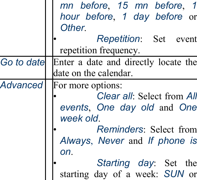 mn before,  15 mn before,  1 hour before,  1 day before or Other. •   Repetition: Set event repetition frequency. Go to date Enter a date and directly locate the date on the calendar. Advanced For more options: •   Clear all: Select from All events,  One day old and One week old. •   Reminders: Select from Always,  Never and If phone is on. •   Starting day: Set the starting day of a week: SUN or 