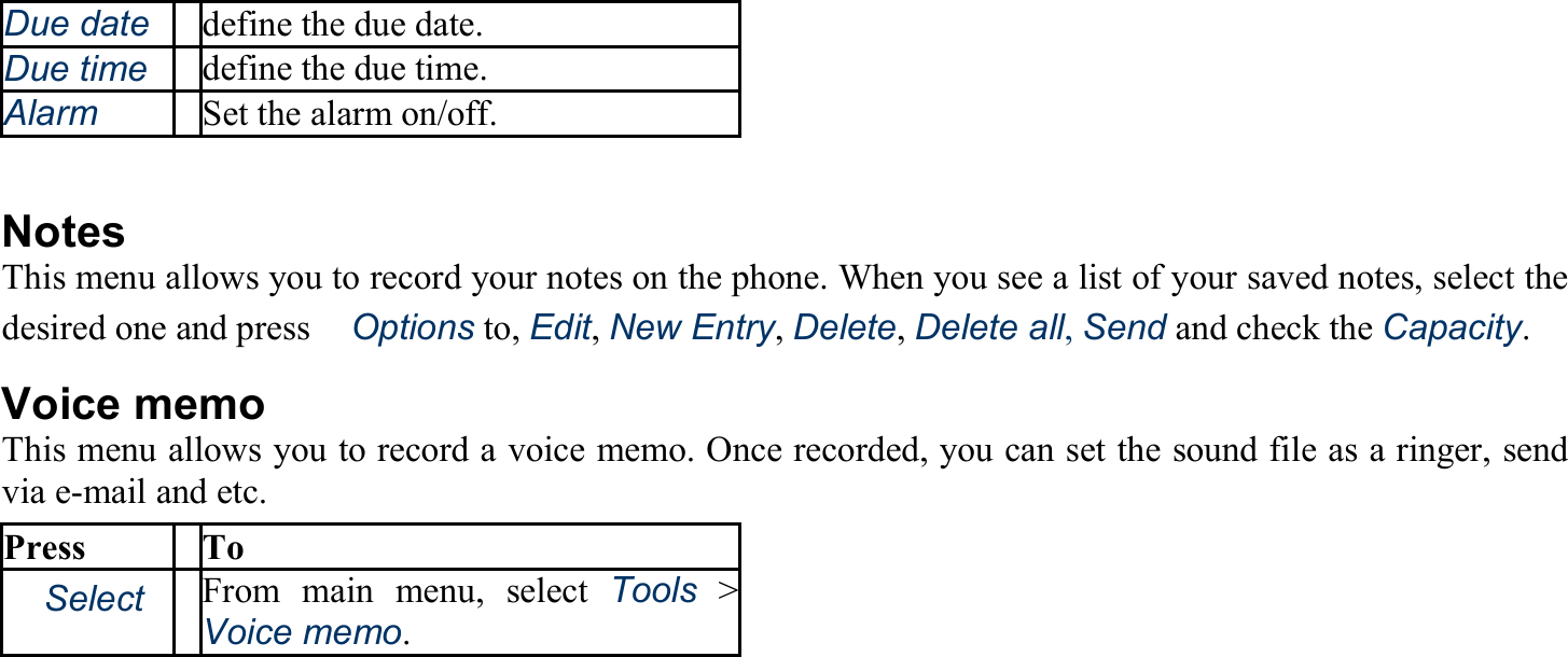 Due date define the due date. Due time define the due time. Alarm Set the alarm on/off.  Notes This menu allows you to record your notes on the phone. When you see a list of your saved notes, select the desired one and press　Options to, Edit, New Entry, Delete, Delete all, Send and check the Capacity. Voice memo This menu allows you to record a voice memo. Once recorded, you can set the sound file as a ringer, send via e-mail and etc.  Press To 　Select From main menu, select Tools &gt; Voice memo. 