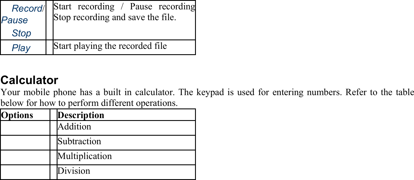 　Record/ Pause  　Stop Start recording / Pause recordingStop recording and save the file. 　Play   Start playing the recorded file    Calculator Your mobile phone has a built in calculator. The keypad is used for entering numbers. Refer to the table below for how to perform different operations. Options Description 　 Addition 　 Subtraction 　 Multiplication 　 Division 