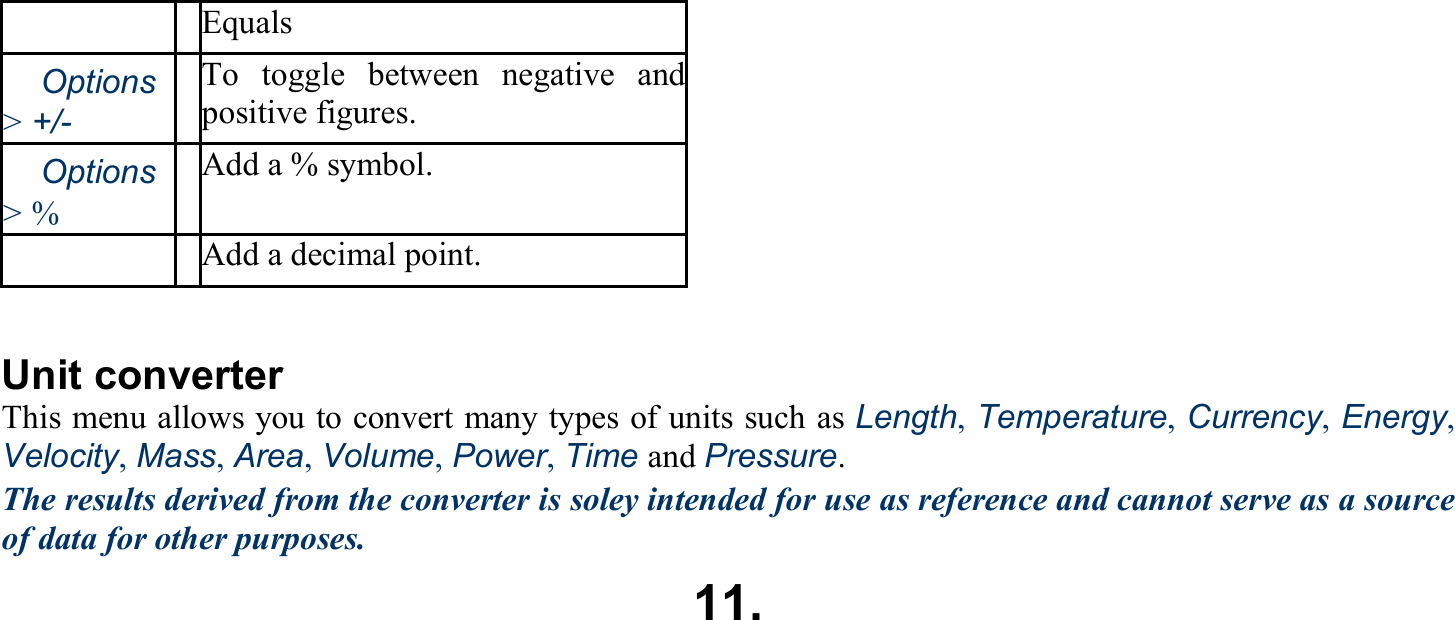 　 Equals 　Options &gt; +/- To toggle between negative andpositive figures. 　Options &gt; %   Add a % symbol. 　 Add a decimal point.  Unit converter This menu allows you to convert many types of units such as Length, Temperature, Currency, Energy, Velocity, Mass, Area, Volume, Power, Time and Pressure. The results derived from the converter is soley intended for use as reference and cannot serve as a source of data for other purposes.   11. 