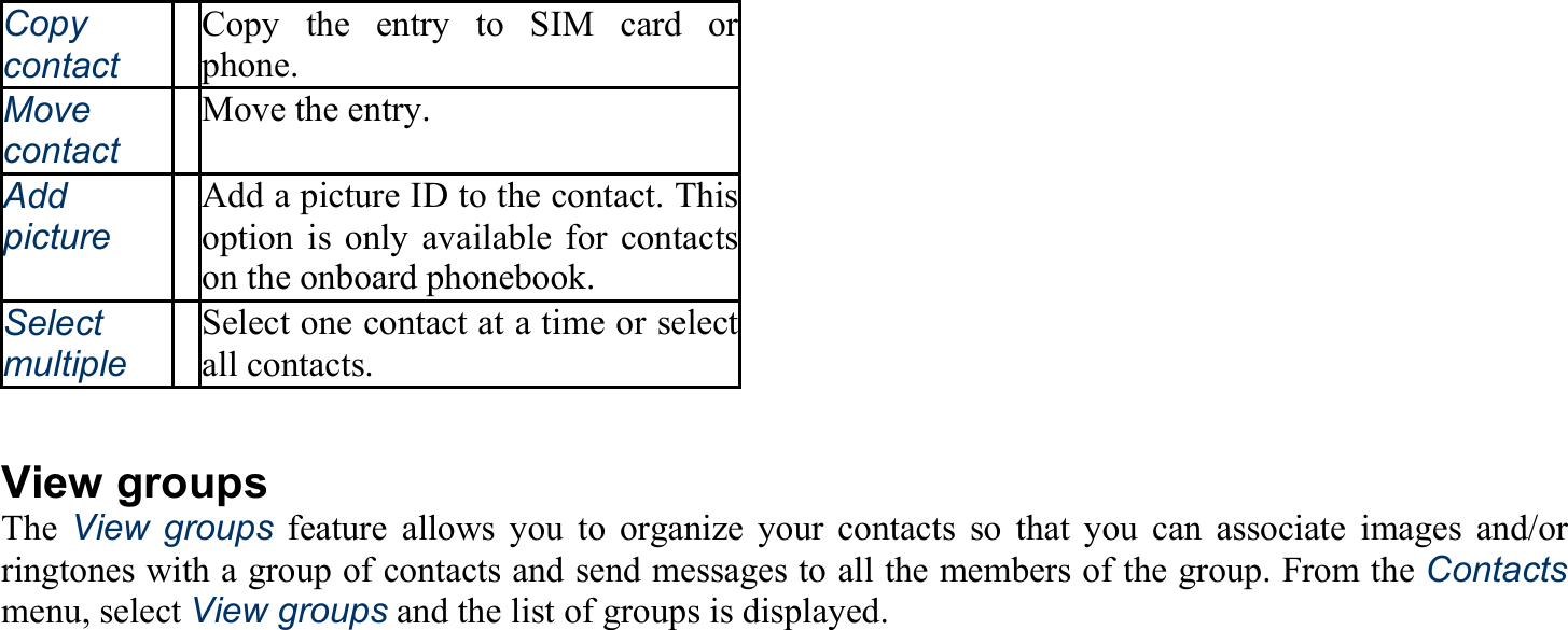 Copy  contact Copy the entry to SIM card or phone. Move  contact Move the entry.   Add picture Add a picture ID to the contact. This option is only available for contacts on the onboard phonebook. Select multiple Select one contact at a time or select all contacts.  View groups The View groups feature allows you to organize your contacts so that you can associate images and/or ringtones with a group of contacts and send messages to all the members of the group. From the Contacts menu, select View groups and the list of groups is displayed. 