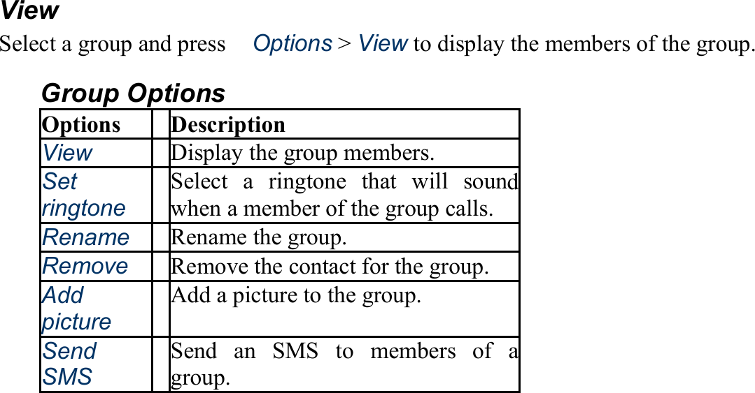 View Select a group and press　Options &gt; View to display the members of the group. Group Options Options Description View Display the group members. Set  ringtoneSelect a ringtone that will soundwhen a member of the group calls. Rename Rename the group. Remove Remove the contact for the group. Add picture Add a picture to the group. Send SMS Send an SMS to members of agroup. 