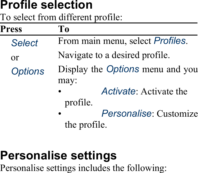 Profile selection To select from different profile: Press To 　Select From main menu, select Profiles. 　or　 Navigate to a desired profile. 　Options Display the Options menu and you may: •   Activate: Activate the profile. •   Personalise: Customize the profile.  Personalise settings Personalise settings includes the following: 