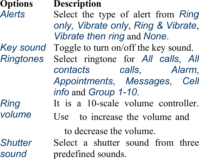 Options Description Alerts Select the type of alert from Ringonly, Vibrate only, Ring &amp; Vibrate,Vibrate then ring and None. Key sound Toggle to turn on/off the key sound.Ringtones Select ringtone for All calls,Allcontacts calls, Alarm,Appointments, Messages,  Cellinfo and Group 1-10. Ring volume It is a 10-scale volume controller.Use　to increase the volume and　to decrease the volume. Shutter sound Select a shutter sound from threepredefined sounds.  