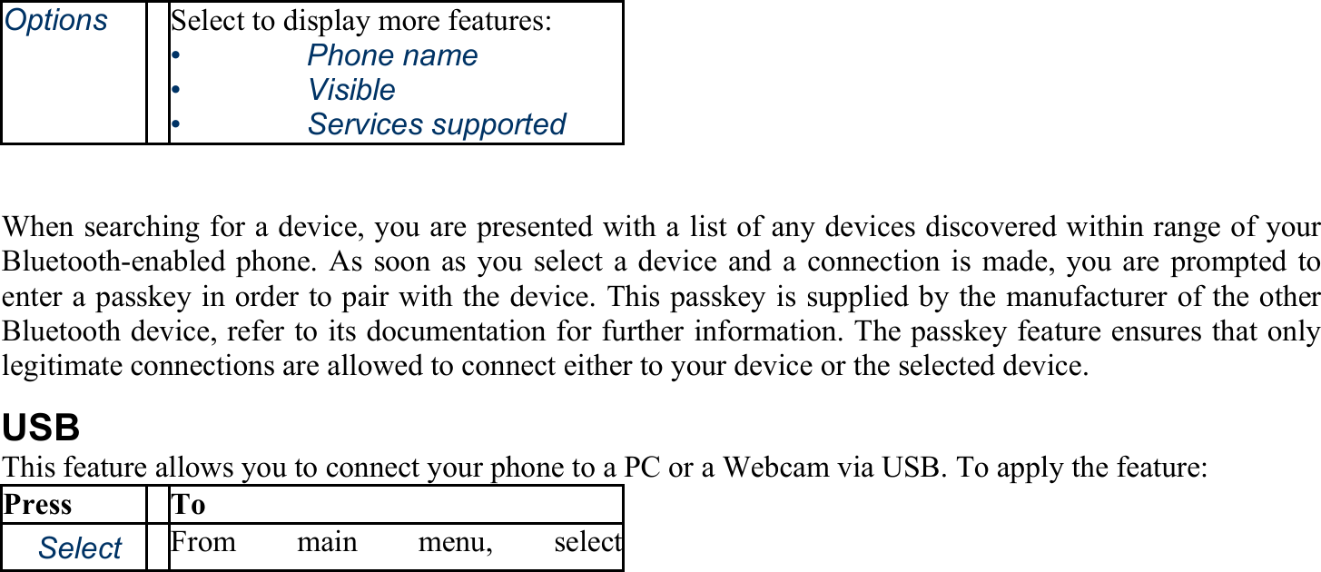 Options Select to display more features: •   Phone name •   Visible •   Services supported  When searching for a device, you are presented with a list of any devices discovered within range of your Bluetooth-enabled phone. As soon as you select a device and a connection is made, you are prompted to enter a passkey in order to pair with the device. This passkey is supplied by the manufacturer of the other Bluetooth device, refer to its documentation for further information. The passkey feature ensures that only legitimate connections are allowed to connect either to your device or the selected device. USB This feature allows you to connect your phone to a PC or a Webcam via USB. To apply the feature: Press To 　Select From main menu, select