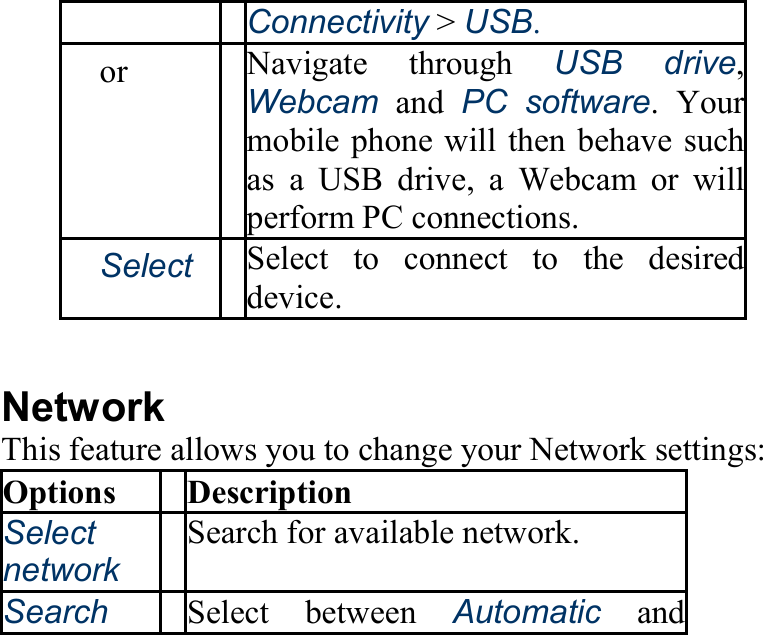 Connectivity &gt; USB. 　or　 Navigate through USB drive,Webcam and PC software. Your mobile phone will then behave suchas a USB drive, a Webcam or willperform PC connections. 　Select Select to connect to the desireddevice.  Network This feature allows you to change your Network settings: Options Description Select network Search for available network. Search  Select between Automatic and 