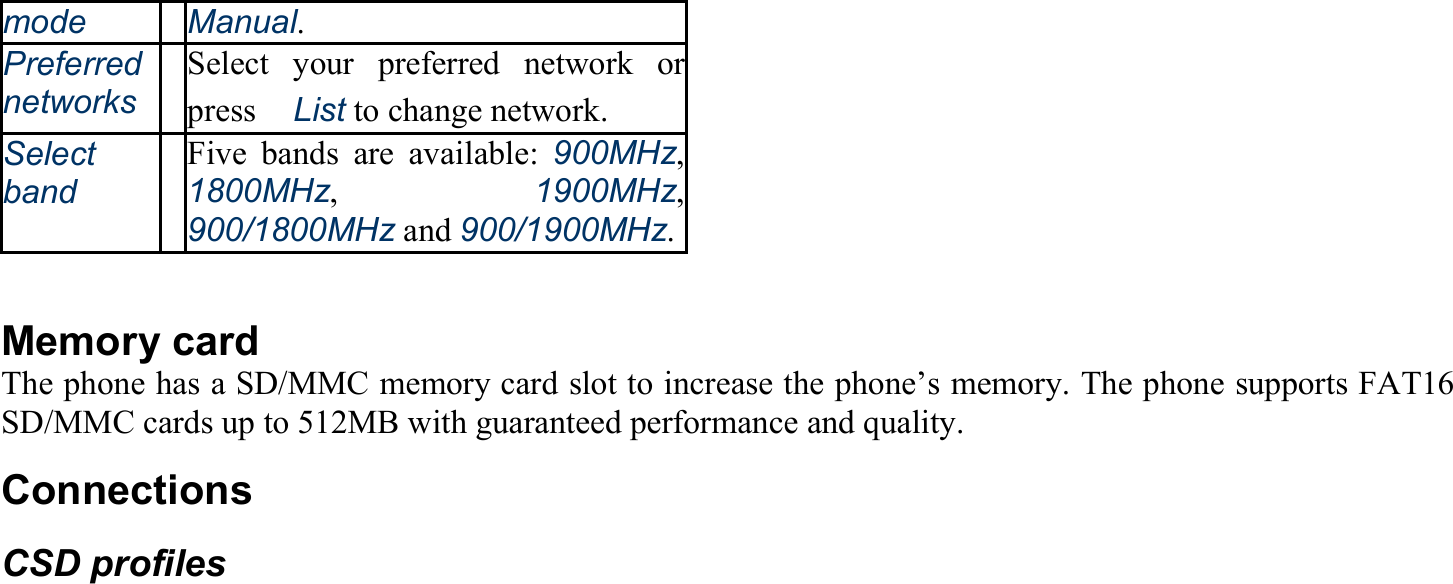 mode Manual. Preferred networks Select your preferred network or press　List to change network. Select band   Five bands are available: 900MHz, 1800MHz, 1900MHz, 900/1800MHz and 900/1900MHz. Memory card The phone has a SD/MMC memory card slot to increase the phone’s memory. The phone supports FAT16 SD/MMC cards up to 512MB with guaranteed performance and quality. Connections CSD profiles 