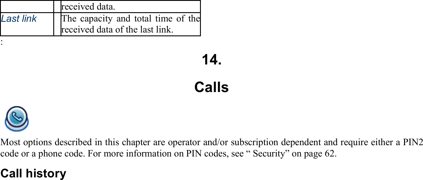 received data. Last link The capacity and total time of the received data of the last link. : 14. Calls Most options described in this chapter are operator and/or subscription dependent and require either a PIN2 code or a phone code. For more information on PIN codes, see “ Security” on page 62. Call history  