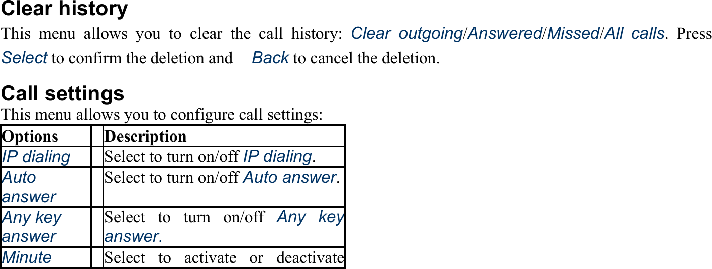  Clear history This menu allows you to clear the call history: Clear outgoing/Answered/Missed/All calls. Press　Select to confirm the deletion and　Back to cancel the deletion. Call settings This menu allows you to configure call settings: Options Description IP dialing Select to turn on/off IP dialing. Auto answer Select to turn on/off Auto answer.Any key answer Select to turn on/off Any key answer. Minute  Select to activate or deactivate 