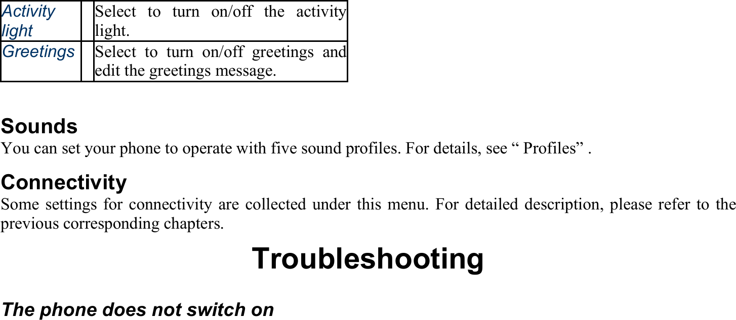 Activity light Select to turn on/off the activity light. Greetings Select to turn on/off greetings and edit the greetings message.    Sounds You can set your phone to operate with five sound profiles. For details, see “ Profiles” . Connectivity Some settings for connectivity are collected under this menu. For detailed description, please refer to the previous corresponding chapters. Troubleshooting The phone does not switch on 