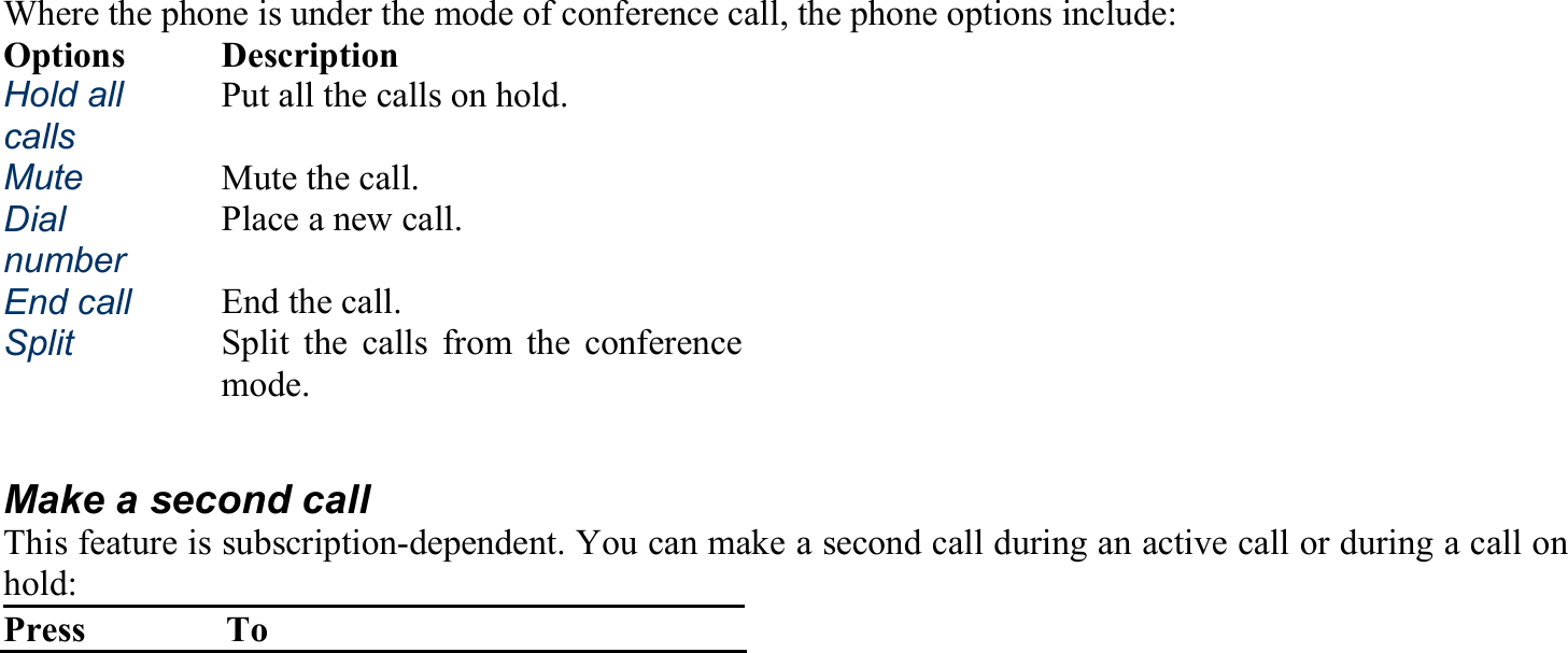 Where the phone is under the mode of conference call, the phone options include: Options Description Hold all calls Put all the calls on hold. Mute Mute the call. Dial number Place a new call. End call End the call. Split Split the calls from the conferencemode.  Make a second call This feature is subscription-dependent. You can make a second call during an active call or during a call on hold: Press To 