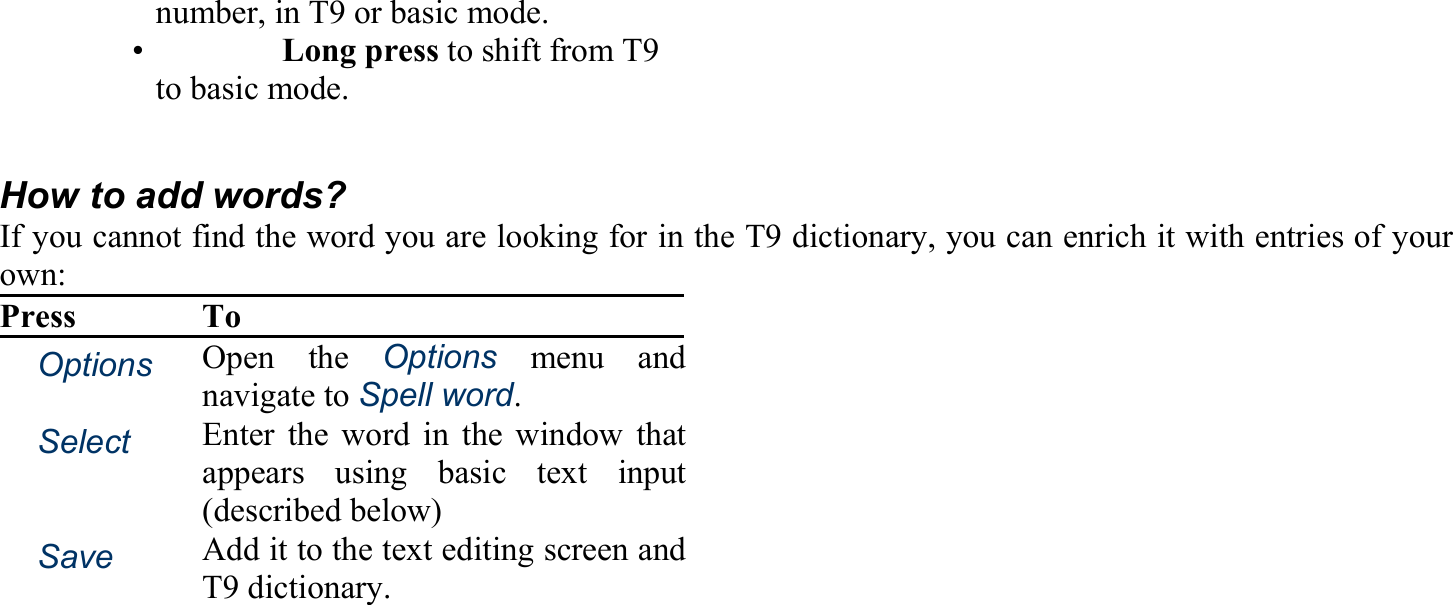 number, in T9 or basic mode. •   Long press to shift from T9 to basic mode.  How to add words? If you cannot find the word you are looking for in the T9 dictionary, you can enrich it with entries of your own: Press To 　Options Open the Options menu and navigate to Spell word. 　Select Enter the word in the window thatappears using basic text input(described below) 　Save Add it to the text editing screen andT9 dictionary. 