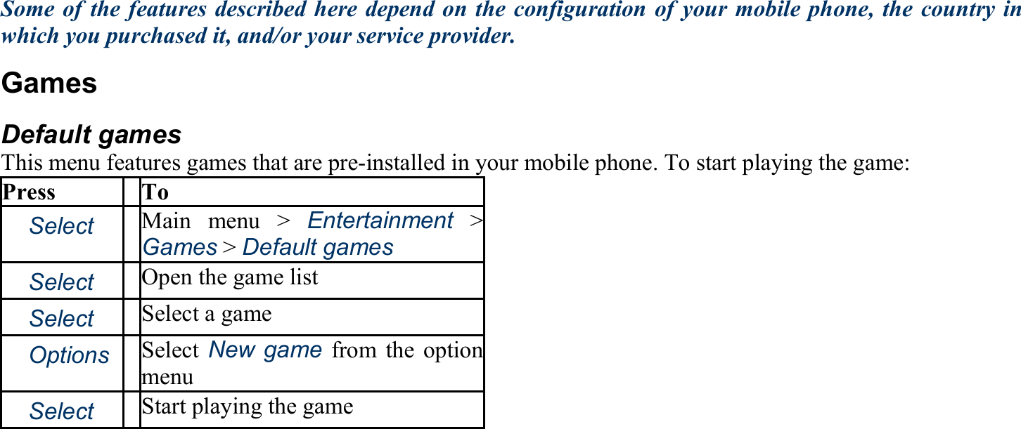 Some of the features described here depend on the configuration of your mobile phone, the country in which you purchased it, and/or your service provider. Games Default games This menu features games that are pre-installed in your mobile phone. To start playing the game: Press To 　Select Main menu &gt; Entertainment &gt; Games &gt; Default games 　Select Open the game list 　Select Select a game 　Options Select New game from the option menu 　Select Start playing the game 