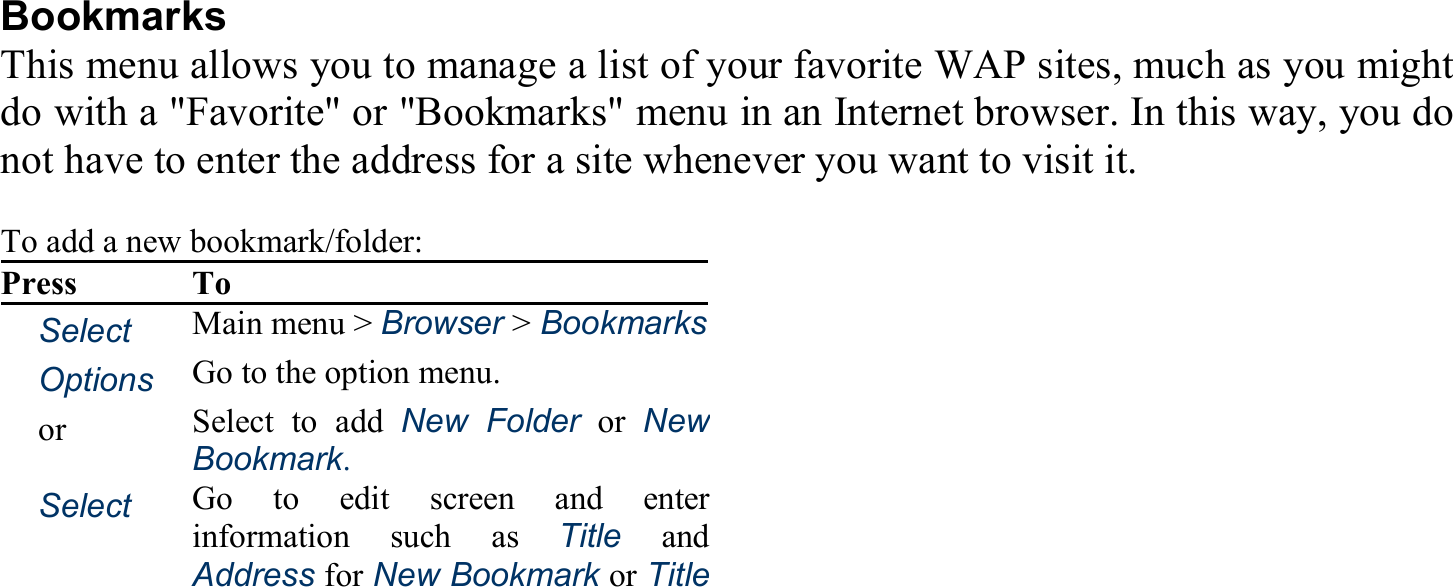 Bookmarks This menu allows you to manage a list of your favorite WAP sites, much as you might do with a &quot;Favorite&quot; or &quot;Bookmarks&quot; menu in an Internet browser. In this way, you do not have to enter the address for a site whenever you want to visit it.  To add a new bookmark/folder: Press To 　Select Main menu &gt; Browser &gt; Bookmarks　Options Go to the option menu. 　or　 Select to add New Folder or New Bookmark. 　Select Go to edit screen and enterinformation such as Title and Address for New Bookmark or Title