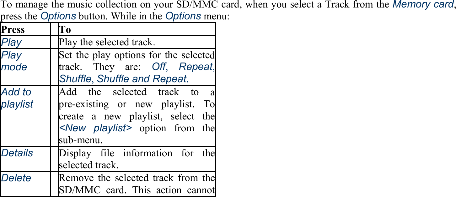 To manage the music collection on your SD/MMC card, when you select a Track from the Memory card, press the Options button. While in the Options menu: Press To Play Play the selected track. Play mode Set the play options for the selected track. They are: Off,  Repeat, Shuffle, Shuffle and Repeat. Add to playlist Add the selected track to a pre-existing or new playlist. To create a new playlist, select the&lt;New playlist&gt; option from the sub-menu. Details Display file information for the selected track. Delete Remove the selected track from the SD/MMC card. This action cannot 