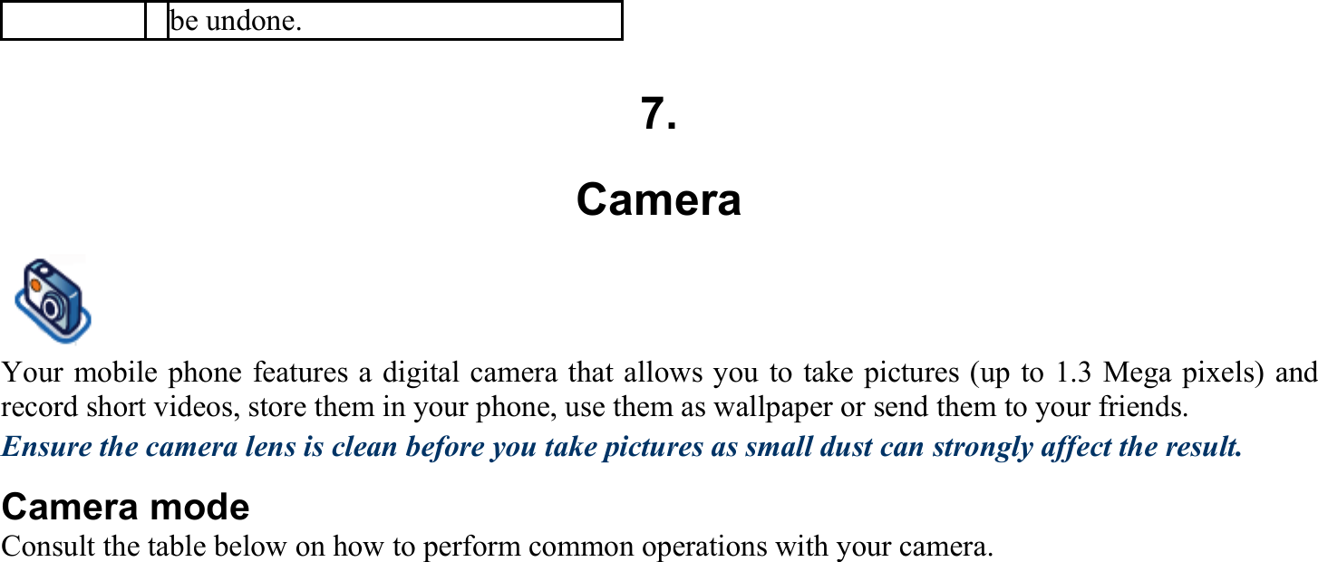 be undone.  7. Camera Your mobile phone features a digital camera that allows you to take pictures (up to 1.3 Mega pixels) and record short videos, store them in your phone, use them as wallpaper or send them to your friends. Ensure the camera lens is clean before you take pictures as small dust can strongly affect the result. Camera mode Consult the table below on how to perform common operations with your camera.  