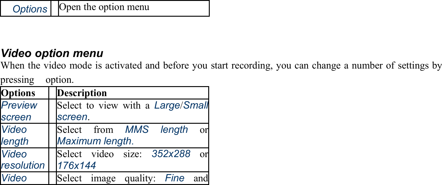 　Options Open the option menu  Video option menu When the video mode is activated and before you start recording, you can change a number of settings by pressing　option. Options Description Preview screen Select to view with a Large/Small screen. Video length Select from MMS length or Maximum length. Video resolutionSelect video size: 352x288 or 176x144 Video   Select image quality: Fine and 