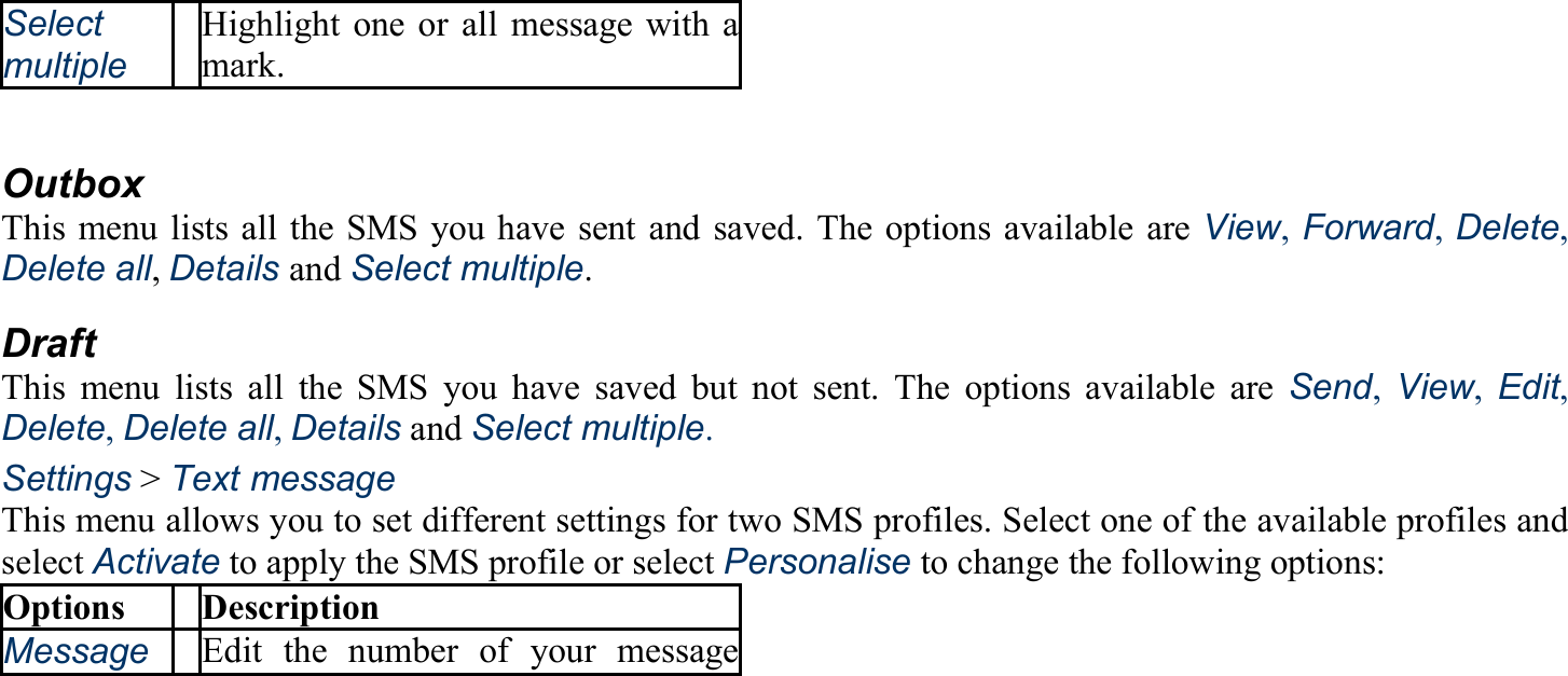 Select multiple Highlight one or all message with a mark.  Outbox This menu lists all the SMS you have sent and saved. The options available are View, Forward, Delete, Delete all, Details and Select multiple. Draft This menu lists all the SMS you have saved but not sent. The options available are Send,  View,  Edit, Delete, Delete all, Details and Select multiple. Settings &gt; Text message This menu allows you to set different settings for two SMS profiles. Select one of the available profiles and select Activate to apply the SMS profile or select Personalise to change the following options: Options Description Message  Edit the number of your message 