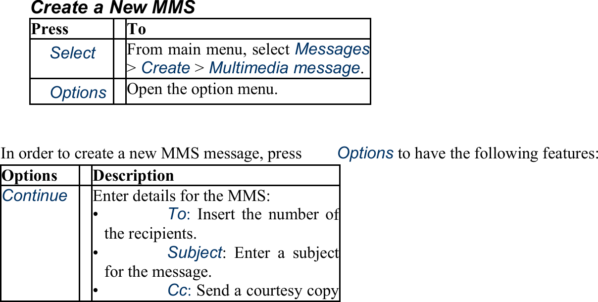 Create a New MMS Press To 　Select From main menu, select Messages&gt; Create &gt; Multimedia message.　Options Open the option menu.  In order to create a new MMS message, press  　 Options to have the following features: Options Description Continue Enter details for the MMS: •   To: Insert the number ofthe recipients. •   Subject: Enter a subject for the message. •   Cc: Send a courtesy copy
