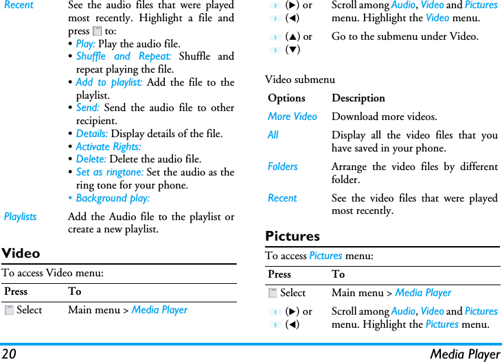 20 Media PlayerVideoTo access Video menu:Video submenu PicturesTo access Pictures menu:Recent See the audio files that were playedmost recently. Highlight a file andpress  to:•Play: Play the audio file.•Shuffle and Repeat: Shuffle andrepeat playing the file.•Add to playlist: Add the file to theplaylist.•Send: Send the audio file to otherrecipient.•Details: Display details of the file.•Activate Rights:  •Delete: Delete the audio file.•Set as ringtone: Set the audio as thering tone for your phone.• Background play:Playlists Add the Audio file to the playlist orcreate a new playlist.Press To Select Main menu &gt; Media Player (X) or  (W)Scroll among Audio, Video and Picturesmenu. Highlight the Video menu. (S) or  (T)Go to the submenu under Video.Options DescriptionMore Video Download more videos.All Display all the video files that youhave saved in your phone.Folders Arrange the video files by differentfolder.Recent See the video files that were playedmost recently.Press To Select Main menu &gt; Media Player (X) or  (W)Scroll among Audio, Video and Picturesmenu. Highlight the Pictures menu.