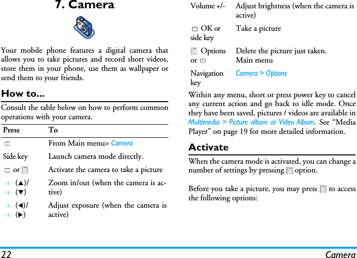 22 Camera7. CameraYour mobile phone features a digital camera thatallows you to take pictures and record short videos,store them in your phone, use them as wallpaper orsend them to your friends.How to...Consult the table below on how to perform commonoperations with your camera.Within any menu, short or press power key to cancelany current action and go back to idle mode. Oncethey have been saved, pictures / videos are available inMultimedia &gt; Picture album or Video Album. See “MediaPlayer” on page 19 for more detailed information.ActivateWhen the camera mode is activated, you can change anumber of settings by pressing   option.Before you take a picture, you may press   to accessthe following options:Press ToFrom Main menu&gt; CameraSide key Launch camera mode directly. or  Activate the camera to take a picture (S)/ (T)Zoom in/out (when the camera is ac-tive) (W)/ (X)Adjust exposure (when the camera isactive)Volume +/- Adjust brightness (when the camera isactive) OK or side keyTake a picture  Optionsor Delete the picture just taken.Main menuNavigation keyCamera &gt; Options