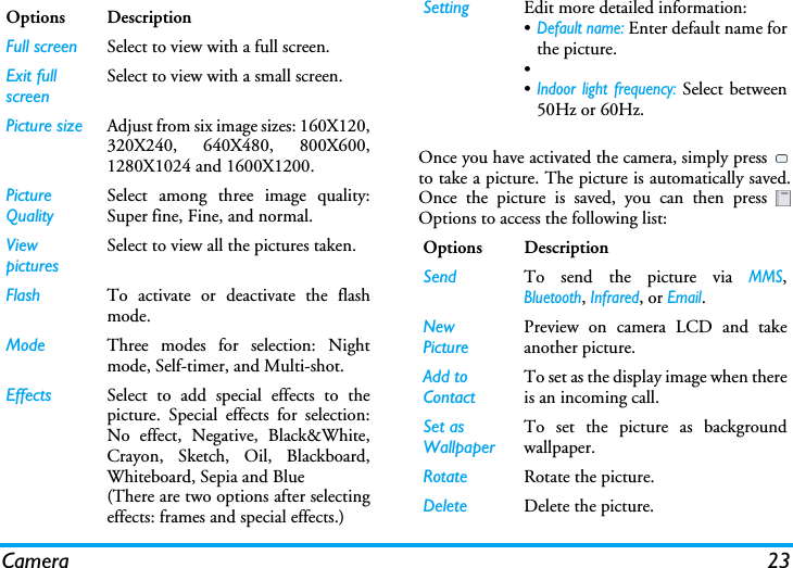 Camera 23Once you have activated the camera, simply press to take a picture. The picture is automatically saved.Once the picture is saved, you can then press Options to access the following list:Options DescriptionFull screen Select to view with a full screen.Exit full screenSelect to view with a small screen.Picture size Adjust from six image sizes: 160X120,320X240, 640X480, 800X600,1280X1024 and 1600X1200.Picture QualitySelect among three image quality:Super fine, Fine, and normal.View picturesSelect to view all the pictures taken.Flash To activate or deactivate the flashmode.Mode Three modes for selection: Nightmode, Self-timer, and Multi-shot.Effects Select to add special effects to thepicture. Special effects for selection:No effect, Negative, Black&amp;White,Crayon, Sketch, Oil, Blackboard,Whiteboard, Sepia and Blue(There are two options after selectingeffects: frames and special effects.)Setting Edit more detailed information:•Default name: Enter default name forthe picture.••Indoor light frequency: Select between50Hz or 60Hz.Options DescriptionSend To send the picture via MMS,Bluetooth, Infrared, or Email.New PicturePreview on camera LCD and takeanother picture.Add to ContactTo set as the display image when thereis an incoming call.Set as WallpaperTo set the picture as backgroundwallpaper.Rotate Rotate the picture.Delete Delete the picture.