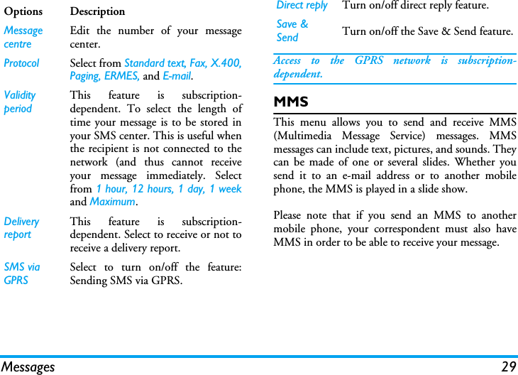 Messages 29Access to the GPRS network is subscription-dependent.MMSThis menu allows you to send and receive MMS(Multimedia Message Service) messages. MMSmessages can include text, pictures, and sounds. Theycan be made of one or several slides. Whether yousend it to an e-mail address or to another mobilephone, the MMS is played in a slide show.Please note that if you send an MMS to anothermobile phone, your correspondent must also haveMMS in order to be able to receive your message.Options DescriptionMessage centreEdit the number of your messagecenter.Protocol Select from Standard text, Fax, X.400,Paging, ERMES, and E-mail.Validity periodThis feature is subscription-dependent. To select the length oftime your message is to be stored inyour SMS center. This is useful whenthe recipient is not connected to thenetwork (and thus cannot receiveyour message immediately. Selectfrom 1 hour, 12 hours, 1 day, 1 weekand Maximum.Delivery reportThis feature is subscription-dependent. Select to receive or not toreceive a delivery report.SMS via GPRSSelect to turn on/off the feature:Sending SMS via GPRS.Direct reply Turn on/off direct reply feature.Save &amp; Send Turn on/off the Save &amp; Send feature.