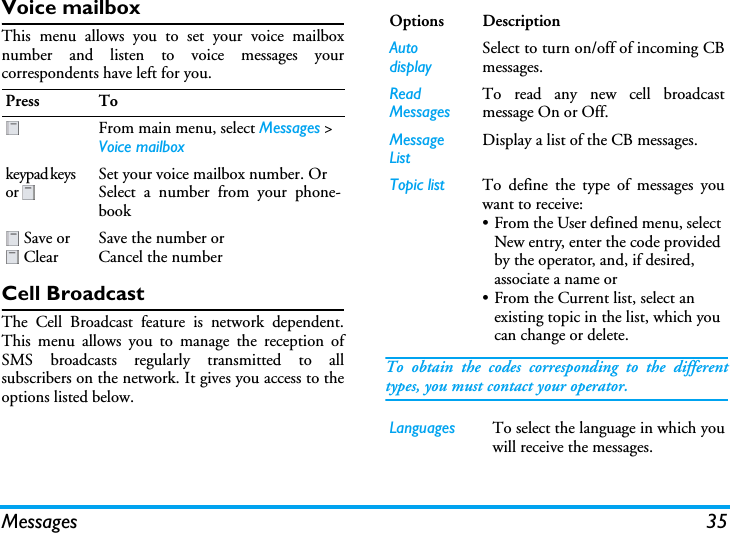 Messages 35Voice mailboxThis menu allows you to set your voice mailboxnumber and listen to voice messages yourcorrespondents have left for you.Cell BroadcastThe Cell Broadcast feature is network dependent.This menu allows you to manage the reception ofSMS broadcasts regularly transmitted to allsubscribers on the network. It gives you access to theoptions listed below.To obtain the codes corresponding to the differenttypes, you must contact your operator.Press ToFrom main menu, select Messages &gt; Voice mailboxkeypad keys or Set your voice mailbox number. OrSelect a number from your phone-book Save or  ClearSave the number orCancel the numberOptions DescriptionAuto displaySelect to turn on/off of incoming CBmessages.Read MessagesTo read any new cell broadcastmessage On or Off.Message ListDisplay a list of the CB messages.Topic list To define the type of messages youwant to receive:• From the User defined menu, select New entry, enter the code provided by the operator, and, if desired, associate a name or• From the Current list, select an existing topic in the list, which you can change or delete.Languages To select the language in which youwill receive the messages.