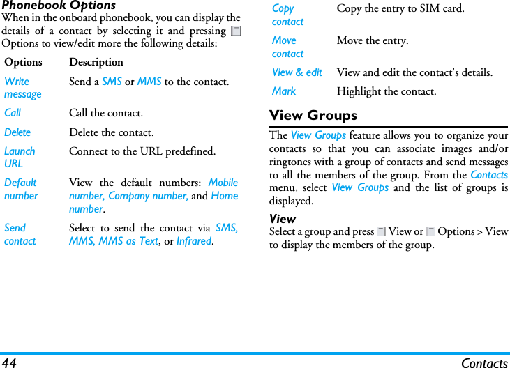 44 ContactsPhonebook OptionsWhen in the onboard phonebook, you can display thedetails of a contact by selecting it and pressing Options to view/edit more the following details:View GroupsThe View Groups feature allows you to organize yourcontacts so that you can associate images and/orringtones with a group of contacts and send messagesto all the members of the group. From the Contactsmenu, select View Groups and the list of groups isdisplayed.ViewSelect a group and press   View or   Options &gt; Viewto display the members of the group.Options DescriptionWrite messageSend a SMS or MMS to the contact.Call Call the contact.Delete Delete the contact.Launch URLConnect to the URL predefined.Default numberView the default numbers: Mobilenumber, Company number, and Homenumber. Send contactSelect to send the contact via SMS,MMS, MMS as Text, or Infrared.Copy contactCopy the entry to SIM card.Move contactMove the entry. View &amp; edit View and edit the contact&apos;s details.Mark Highlight the contact.