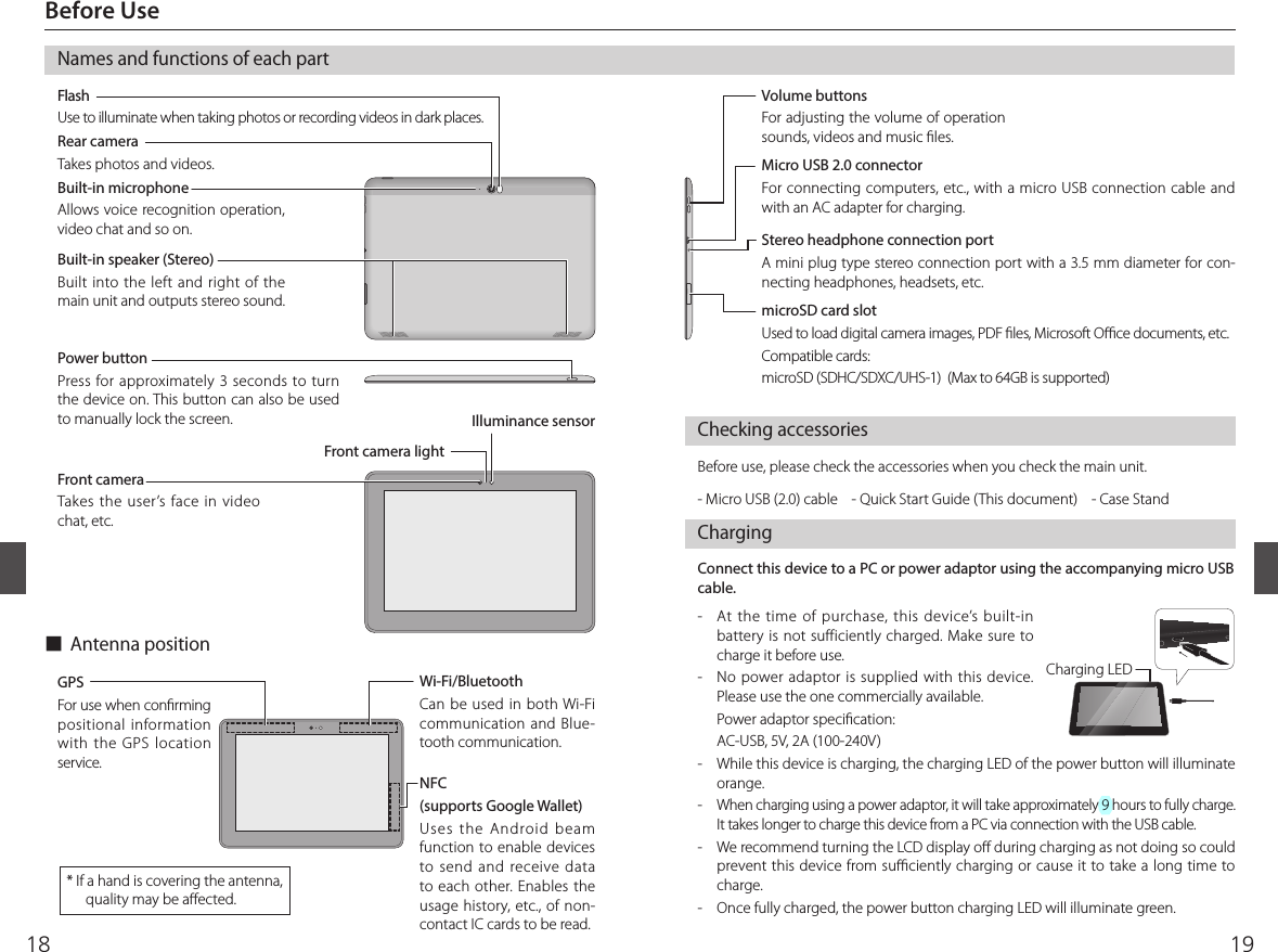 Charging LED 1918Before UseNames and functions of each partPower buttonPress for approximately 3 seconds to turn the device on. This button can also be used to manually lock the screen. Volume buttons For adjusting the volume of operation sounds, videos and music  les.microSD card slotUsed to load digital camera images, PDF  les, Microsoft O  ce documents, etc.Compatible cards:microSD (SDHC/SDXC/UHS-1)  (Max to 64GB is supported)Micro USB 2.0 connectorFor connecting computers, etc., with a micro USB connection cable and with an AC adapter for charging. Front camera Takes the user’s face in video chat, etc.Rear camera Takes photos and videos.Flash Use to illuminate when taking photos or recording videos in dark places.Stereo headphone connection port A mini plug type stereo connection port with a 3.5 mm diameter for con-necting headphones, headsets, etc.Built-in microphone Allows voice recognition operation, video chat and so on.Built-in speaker (Stereo)Built  into the  left  and right of  the main unit and outputs stereo sound. Wi-Fi/BluetoothCan be used in both Wi-Fi communication and Blue-tooth communication.GPSFor use when con rming positional information with the GPS location service.NFC(supports Google Wallet)Uses the Android beam function to enable devices to send and receive data to each other. Enables the usage history, etc., of non-contact IC cards to be read. Checking accessoriesBefore use, please check the accessories when you check the main unit.  - Micro USB (2.0) cable    - Quick Start Guide (This document)    - Case Stand    Charging-  At the  time  of  purchase,  this  device’s  built-in battery is not sufficiently charged. Make sure to charge it before use.-  No power adaptor is supplied with this device. Please use the one commercially available.  Power adaptor speci cation:  AC-USB, 5V, 2A (100-240V)-  While this device is charging, the charging LED of the power button will illuminate orange.- When charging using a power adaptor, it will take approximately 9 hours to fully charge. It takes longer to charge this device from a PC via connection with the USB cable. -  We recommend turning the LCD display o  during charging as not doing so could prevent this device from su  ciently charging or cause it to take a long time to charge. -  Once fully charged, the power button charging LED will illuminate green.Connect this device to a PC or power adaptor using the accompanying micro USB cable. * If a hand is covering the antenna, quality may be a ected. ■  Antenna positionFront camera lightIlluminance sensor
