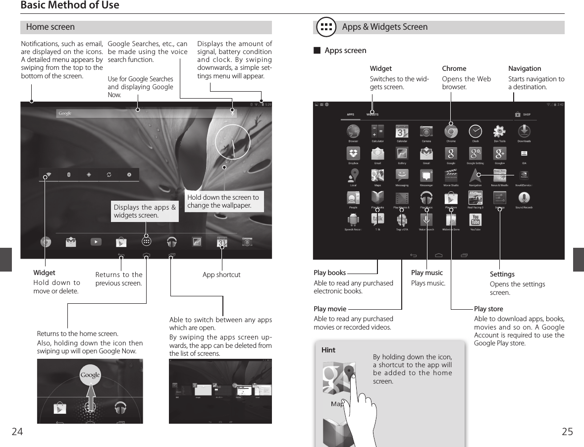 2524Basic Method of Use  Home screen Apps &amp; Widgets ScreenReturns to the home screen. Also, holding down the icon  then swiping up will open Google Now.Returns to the previous screen. App shortcutDisplays  the  amount  of signal, battery condition and clock. By swiping downwards, a simple set-tings menu will appear.Use for Google Searches and displaying Google Now.Google Searches, etc., can be made using the voice search function.Noti cations, such as email, are displayed on the icons.  A detailed menu appears by swiping from the top to the bottom of the screen. Able to switch between any apps which are open. By swiping the apps screen up-wards, the app can be deleted from the list of screens.SettingsOpens the settings screen.NavigationStarts navigation to a destination.ChromeOpens the Web browser.WidgetSwitches to the wid-gets screen.Play storeAble to download apps, books, movies and so on. A Google Account is required to use the Google Play store.Play movieAble to read any purchased movies or recorded videos. Play musicPlays music. Play booksAble to read any purchased electronic books. By holding down the icon, a shortcut to the app will be added to the home screen.  ■Apps screenHintWidgetHold down to move or delete. Hold down the screen to change the wallpaper. Displays the apps &amp; widgets screen.