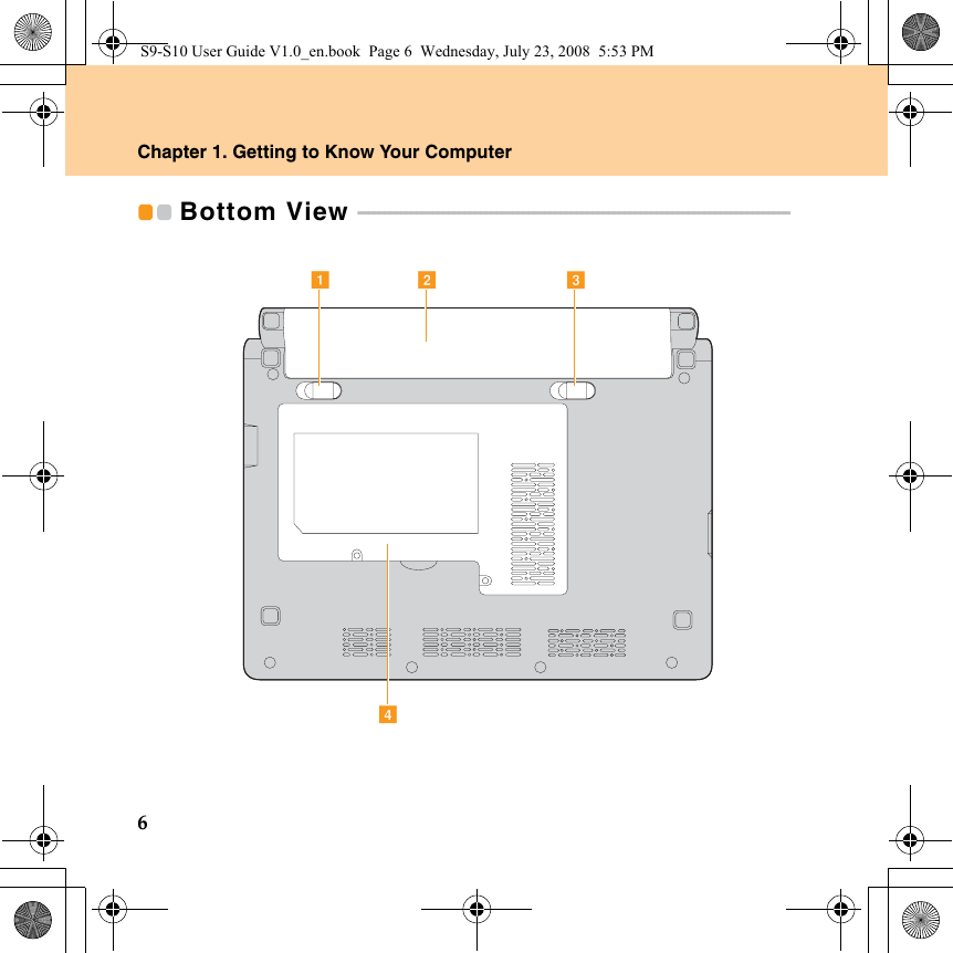 6Chapter 1. Getting to Know Your ComputerBottom View  - - - - - - - - - - - - - - - - - - - - - - - - - - - - - - - - - - - - - - - - - - - - - - - - - - - - - - - - - - - - - - - - - - - - - - - - - - - - - - - - - dba cS9-S10 User Guide V1.0_en.book  Page 6  Wednesday, July 23, 2008  5:53 PM