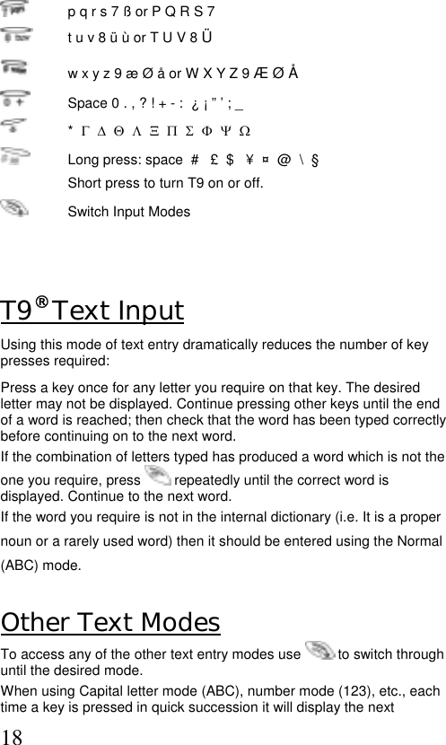  18  p q r s 7 ß or P Q R S 7    t u v 8 ü ù or T U V 8 Ü   w x y z 9 æ Ø å or W X Y Z 9 Æ Ø Å   Space 0 . , ? ! + - :  ¿ ¡ ” ’ ; _  *  Γ  ∆  Θ  Λ  Ξ  Π  Σ  Φ  Ψ  Ω   Long press: space  #   £  $   ¥  ¤  @  \  §   Short press to turn T9 on or off.    Switch Input Modes   T9® Text Input Using this mode of text entry dramatically reduces the number of key presses required: Press a key once for any letter you require on that key. The desired letter may not be displayed. Continue pressing other keys until the end of a word is reached; then check that the word has been typed correctly before continuing on to the next word.  If the combination of letters typed has produced a word which is not the one you require, press   repeatedly until the correct word is displayed. Continue to the next word. If the word you require is not in the internal dictionary (i.e. It is a proper noun or a rarely used word) then it should be entered using the Normal (ABC) mode.  Other Text Modes To access any of the other text entry modes use   to switch through until the desired mode. When using Capital letter mode (ABC), number mode (123), etc., each time a key is pressed in quick succession it will display the next 