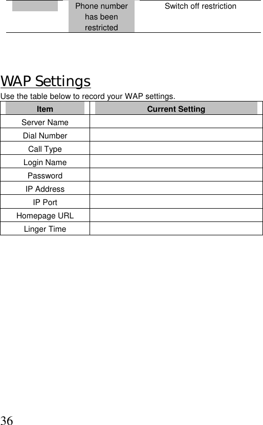  36 Phone number has been restricted Switch off restriction     WAP Settings Use the table below to record your WAP settings. Item  Current Setting Server Name   Dial Number   Call Type   Login Name   Password  IP Address   IP Port   Homepage URL   Linger Time                       