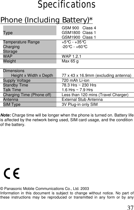  37  Specifications Phone (Including Battery)*  Type  GSM 900   Class 4  GSM1800  Class 1 GSM1900  Class 1 Temperature Range Charging Storage +5°C - +35°C -20°C - +60°C WAP  WAP 1.2.1  Weight   Max 65 g Dimensions Height x Width x Depth   77 x 43 x 16.9mm (excluding antenna)  Supply Voltage  720 mAh Li-ion Standby Time  Talk Time  78.3 Hrs ~ 230 Hrs 1.6 Hrs ~ 7.9 Hrs Charging Time (Phone off)  Less than 120 mins (Travel Charger) Antenna  External Stub Antenna SIM Type  3V Plug-in only SIM   Note: Charge time will be longer when the phone is turned on. Battery life is affected by the network being used, SIM card usage, and the condition of the battery.              © Panasonic Mobile Communications Co., Ltd. 2003 Information in this document is subject to change without notice. No part of these instructions may be reproduced or transmitted in any form or by any 