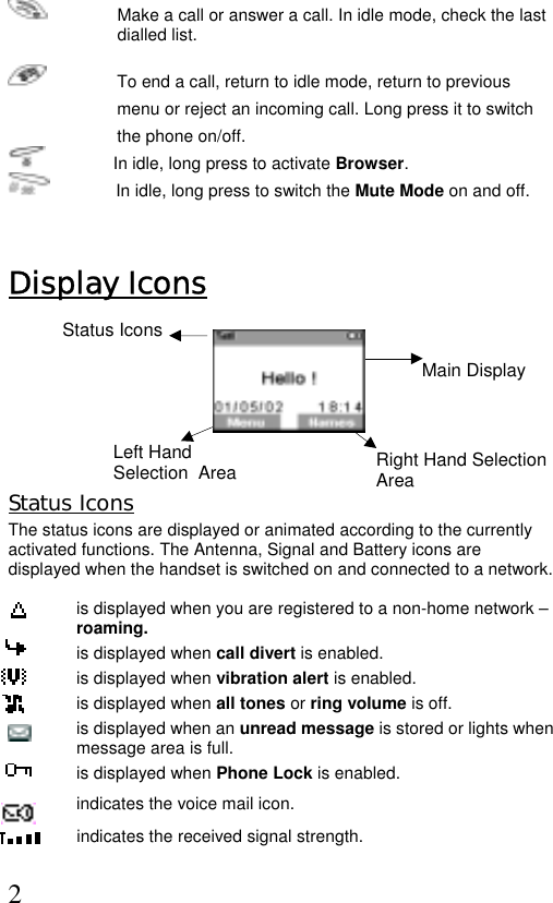  2 Main DisplayLeft Hand Selection  Area  Make a call or answer a call. In idle mode, check the last dialled list.    To end a call, return to idle mode, return to previous menu or reject an incoming call. Long press it to switch the phone on/off.                       In idle, long press to activate Browser.               In idle, long press to switch the Mute Mode on and off.  Display Icons           Status Icons The status icons are displayed or animated according to the currently activated functions. The Antenna, Signal and Battery icons are displayed when the handset is switched on and connected to a network.   is displayed when you are registered to a non-home network – roaming. is displayed when call divert is enabled.    is displayed when vibration alert is enabled.  is displayed when all tones or ring volume is off.  is displayed when an unread message is stored or lights when message area is full.  is displayed when Phone Lock is enabled.  indicates the voice mail icon.  indicates the received signal strength. Status Icons Right Hand Selection Area