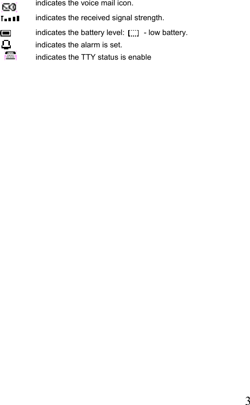  3  indicates the voice mail icon.  indicates the received signal strength.  indicates the battery level:         - low battery. indicates the alarm is set.           indicates the TTY status is enable 