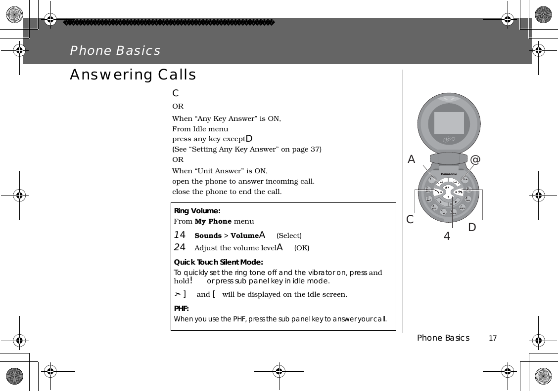 Phone Basics          17Phone BasicsAnswering CallsCORWhen “Any Key Answer” is ON,From Idle menupress any key exceptD(See “Setting Any Key Answer” on page 37)ORWhen “Unit Answer” is ON,open the phone to answer incoming call.close the phone to end the call.Ring Volume:From My Phone menu14Sounds &gt; VolumeA(Select)24Adjust the volume levelA(OK)Quick Touch Silent Mode:To quickly set the ring tone off and the vibrator on, press and hold!or press sub panel key in idle mode.➣]and [will be displayed on the idle screen.PHF:When you use the PHF, press the sub panel key to answer your call.@4DCA