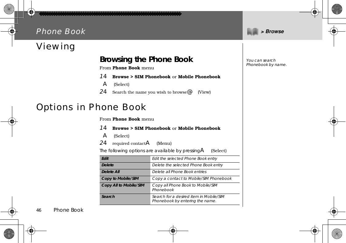 46          Phone BookPhone Book &gt; BrowseViewing Browsing the Phone BookFrom Phone Book menu14Browse &gt; SIM Phonebook or Mobile PhonebookA(Select)24Search the name you wish to browse@(View)Options in Phone BookFrom Phone Book menu14Browse &gt; SIM Phonebook or Mobile PhonebookA(Select)24required contactA(Menu)The following options are available by pressingA(Select)Edit Edit the selected Phone Book entryDelete Delete the selected Phone Book entryDelete All Delete all Phone Book entriesCopy to Mobile/SIM Copy a contact to Mobile/SIM PhonebookCopy All to Mobile/SIM Copy all Phone Book to Mobile/SIM PhonebookSearch Search for a desired item in Mobile/SIM Phonebook by entering the name.You can search Phonebook by name.