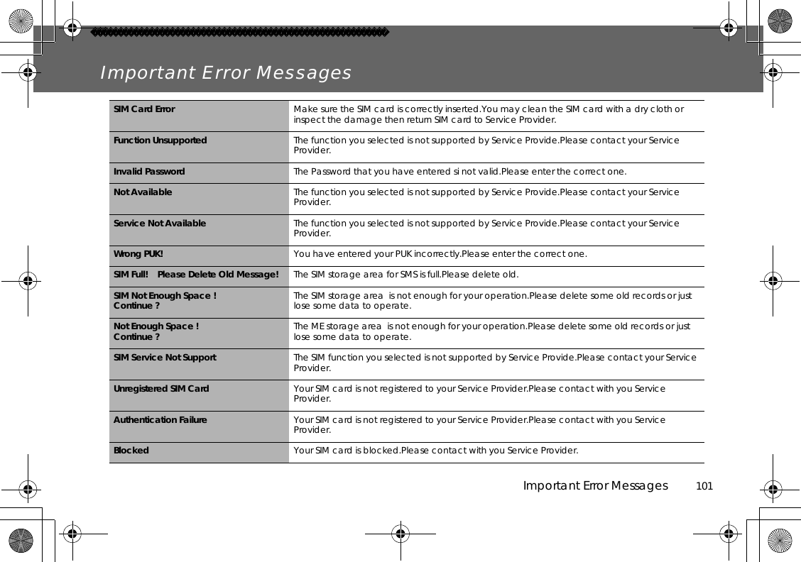 Important Error Messages          101Important Error MessagesSIM Card Error Make sure the SIM card is correctly inserted.You may clean the SIM card with a dry cloth or inspect the damage then return SIM card to Service Provider.Function Unsupported The function you selected is not supported by Service Provide.Please contact your Service Provider.Invalid Password The Password that you have entered si not valid.Please enter the correct one.Not Available The function you selected is not supported by Service Provide.Please contact your Service Provider.Service Not Available The function you selected is not supported by Service Provide.Please contact your Service Provider.Wrong PUK! You have entered your PUK incorrectly.Please enter the correct one.SIM Full!    Please Delete Old Message! The SIM storage area for SMS is full.Please delete old.SIM Not Enough Space ! Continue ? The SIM storage area  is not enough for your operation.Please delete some old records or just lose some data to operate.Not Enough Space ! Continue ? The ME storage area  is not enough for your operation.Please delete some old records or just lose some data to operate.SIM Service Not Support The SIM function you selected is not supported by Service Provide.Please contact your Service Provider.Unregistered SIM Card Your SIM card is not registered to your Service Provider.Please contact with you Service Provider.Authentication Failure Your SIM card is not registered to your Service Provider.Please contact with you Service Provider.Blocked Your SIM card is blocked.Please contact with you Service Provider.