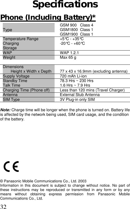  32Specifications Phone (Including Battery)*  Type  GSM 900   Class 4  GSM1800  Class 1 GSM1900  Class 1 Temperature Range Charging Storage +5°C - +35°C -20°C - +60°C WAP  WAP 1.2.1  Weight  Max 65 g Dimensions Height x Width x Depth   77 x 43 x 16.9mm (excluding antenna) Supply Voltage  720 mAh Li-ion Standby Time  Talk Time  78.3 Hrs ~ 230 Hrs 1.6 Hrs ~ 7.9 Hrs Charging Time (Phone off)  Less than 120 mins (Travel Charger) Antenna  External Stub Antenna SIM Type  3V Plug-in only SIM   Note: Charge time will be longer when the phone is turned on. Battery life is affected by the network being used, SIM card usage, and the condition of the battery.              © Panasonic Mobile Communications Co., Ltd. 2003 Information in this document is subject to change without notice. No part of these instructions may be reproduced or transmitted in any form or by any means without obtaining express permission from Panasonic Mobile Communications Co., Ltd.       