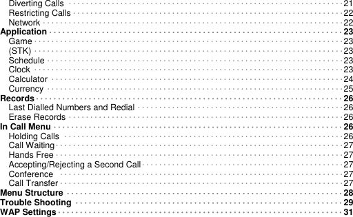 Diverting Calls ････････････････････････････････････････････････････････････････21 Restricting Calls ･･･････････････････････････････････････････････････････････････22 Network ･･････････････････････････････････････････････････････････････････････22 Application･･･････････････････････････････････････････････････････････････････ 23 Game････････････････････････････････････････････････････････････････････････23 (STK) ････････････････････････････････････････････････････････････････････････23 Schedule ･････････････････････････････････････････････････････････････････････23 Clock ････････････････････････････････････････････････････････････････････････23 Calculator ････････････････････････････････････････････････････････････････････24 Currency ･････････････････････････････････････････････････････････････････････25 Records･･････････････････････････････････････････････････････････････････････ 26 Last Dialled Numbers and Redial ････････････････････････････････････････････････26 Erase Records ････････････････････････････････････････････････････････････････26 In Call Menu ･･････････････････････････････････････････････････････････････････ 26 Holding Calls ･････････････････････････････････････････････････････････････････26 Call Waiting･･･････････････････････････････････････････････････････････････････27 Hands Free･･･････････････････････････････････････････････････････････････････27 Accepting/Rejecting a Second Call･･･････････････････････････････････････････････27 Conference  ･･････････････････････････････････････････････････････････････････27 Call Transfer･･････････････････････････････････････････････････････････････････27 Menu Structure ･･･････････････････････････････････････････････････････････････ 28 Trouble Shooting ･････････････････････････････････････････････････････････････ 29 WAP Settings･････････････････････････････････････････････････････････････････ 31    