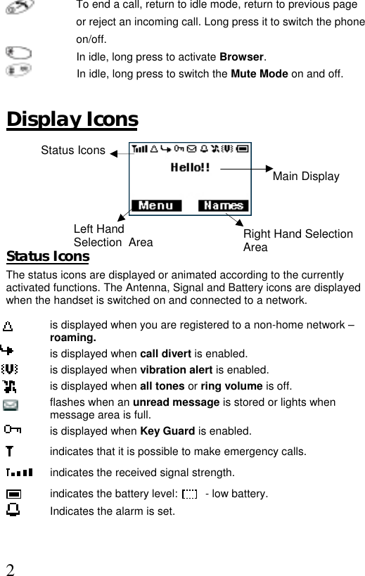  2 Main DisplayLeft Hand Selection  Area  To end a call, return to idle mode, return to previous page or reject an incoming call. Long press it to switch the phone on/off.                In idle, long press to activate Browser.                In idle, long press to switch the Mute Mode on and off.  Display Icons           Status Icons The status icons are displayed or animated according to the currently activated functions. The Antenna, Signal and Battery icons are displayed when the handset is switched on and connected to a network.   is displayed when you are registered to a non-home network – roaming. is displayed when call divert is enabled.    is displayed when vibration alert is enabled.  is displayed when all tones or ring volume is off.  flashes when an unread message is stored or lights when message area is full.  is displayed when Key Guard is enabled.  indicates that it is possible to make emergency calls.  indicates the received signal strength.  indicates the battery level:         - low battery. Indicates the alarm is set.   Status Icons Right Hand Selection Area