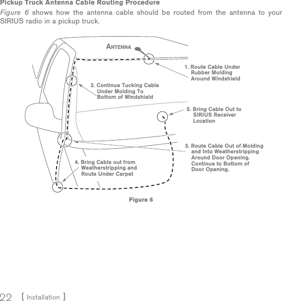 [ Installation ]22Pickup  Truck Antenna Cable Routing ProcedureFigure 6 shows how the antenna cable should be routed from the antenna to your SIRIUS radio in a pickup truck.1. Route Cable Under    Rubber Molding    Around Windshield2. Continue Tucking Cable    Under Molding To    Bottom of Windshield3. Route Cable Out of Molding    and Into Weatherstripping    Around Door Opening.    Continue to Bottom of    Door Opening.4. Bring Cable out from    Weatherstripping and    Route Under Carpet5. Bring Cable Out to    SIRIUS Receiver    LocationANTENNAFigure 6