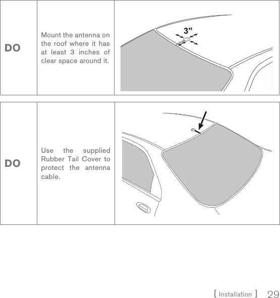 [ Installation ] 29DOMount the antenna on the roof where it has at least 3 inches of clear space around it.3”DOUse the supplied Rubber Tail Cover to protect the antenna cable.